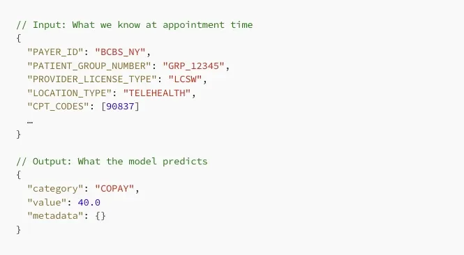 Example model input — payer ID, patient group number, provider license type, location type, and CPT codes — alongside the model output, a COPAY category with a value of 40.